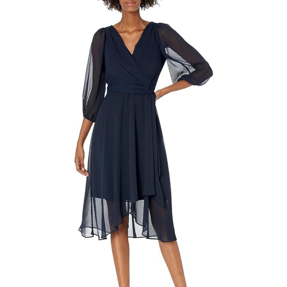 DKNY Chiffon Dress Puff Sleeve Navy Faux Wrap Belted Fit n Flare NWT Size 6 $139 - Picture 2 of 6